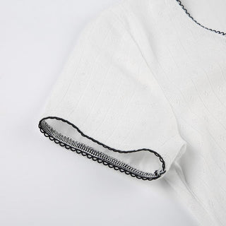 Short sleeve lace up textured lace hem top