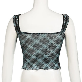 Plaid lace hem patchwork stitch mesh ruffle cami top