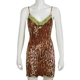 Leopard print lace hem bowknot cami mini dress