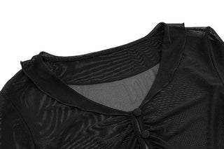 Sheer mesh see through button hollow out long sleeve crop cut out top