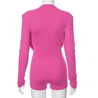 Cowl neck low cut long sleeve ruched solid romper