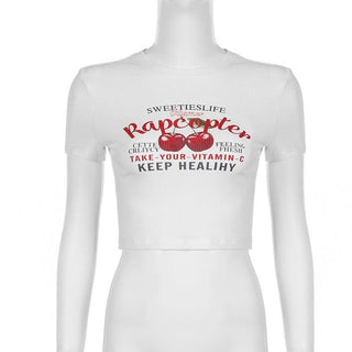 Short sleeve cherry print ribbed crop top