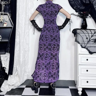 Short sleeve high neck print high slit button midi dress-final-sale