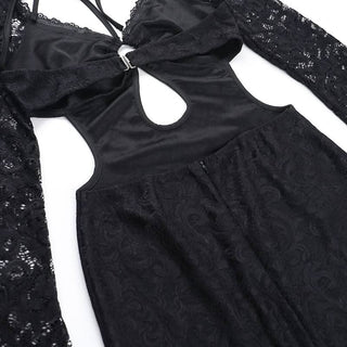 Halter long sleeve lace hollow out o ring cut out mini dress