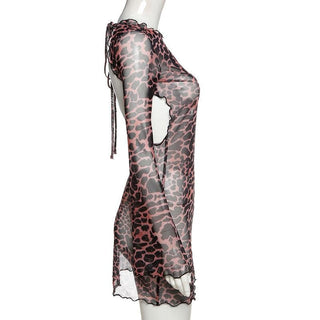 Sheer mesh leopard print contrast see through self tie backless mini dress