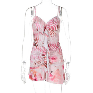 V neck ruffle ruched print backless cami mini dress