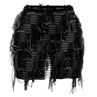 Tassels hollow out see through contrast cut out mini skirt