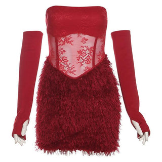 Fluffy flower print gloves backless tube mini dress