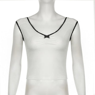 V neck bowknot ruched lace hem top