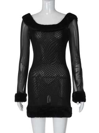 Long sleeve u neck fluffy mesh see through mini dress