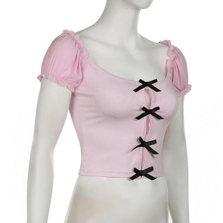 Short puff sleeve hollow out bowknot cut out top