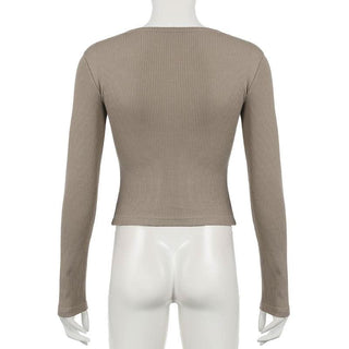 Long sleeve lace hem patchwork button top