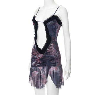 Double layered mesh ruffle hollow out cami cut out mini dress