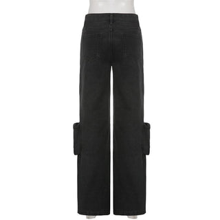 Solid irregular cargo pocket low rise zip-up jeans-final-sale