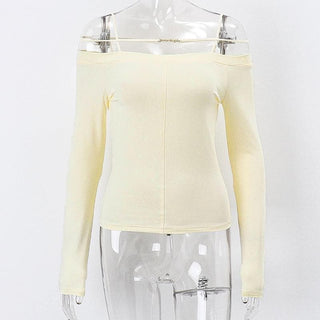 Long sleeve solid metal tag off shoulder top