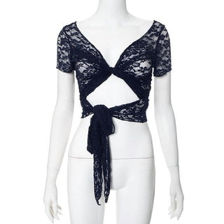 Short sleeve lace 2-way see through top