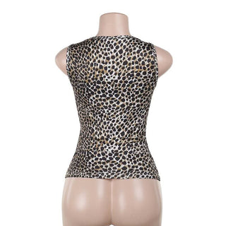 Leopard print lace hem hollow out v neck cut out top