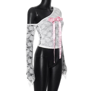 Long flared sleeve bowknot one shoulder lace top
