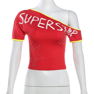Short sleeve one shoulder â€œsuper starâ€ print top