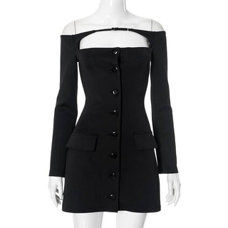 Off shoulder long sleeve button hollow out cut out mini dress