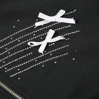 Zip-up beaded fluffy hoodie bowknot long sleeve top