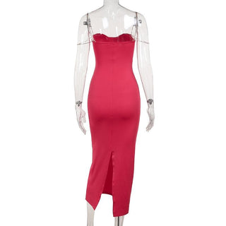 Cowl neck off shoulder ruched slit cami midi dress
