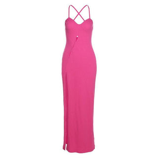 Cross open back hollow out slit ribbed maxi dress - Halibuy