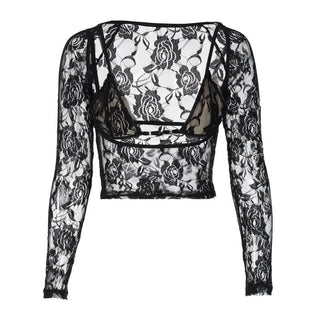 Long sleeve hollow out contrast lace 2 piece cut out top