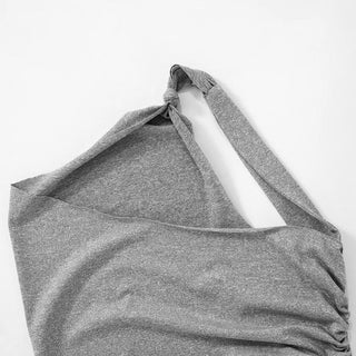 One shoulder ruched irregular knotted solid top