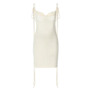 Cowl neck self tie backless ribbon solid mini dress