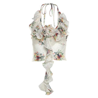 Halter ruffle u neck flower applique print top
