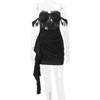 Irregular lace hem ruched solid tube mini dress