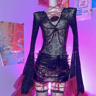 Long flared sleeve v neck see through flower applique bodysuit