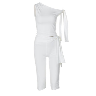 Off shoulder knotted medium rise pant set