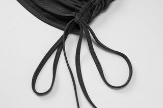 Long flared sleeve crewneck padded drawstring mini dress