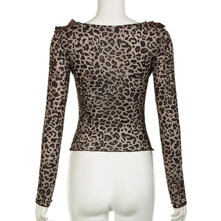 Long sleeve ruffle leopard print bowknot ribbon top