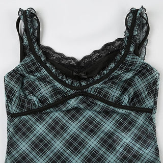Plaid lace hem patchwork stitch mesh ruffle cami top