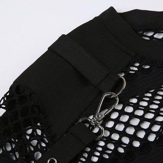 Hollow out long sleeve fishnet see through buckle solid crop cut out top