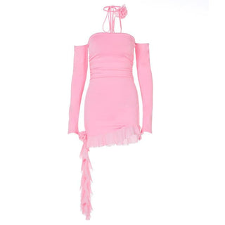 Long sleeve off shoulder flower applique ruffle ruched mini dress