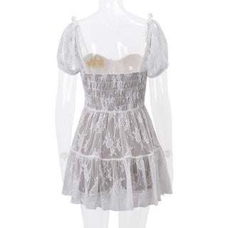 Short puff sleeve bowknot lace ruffle mini dress