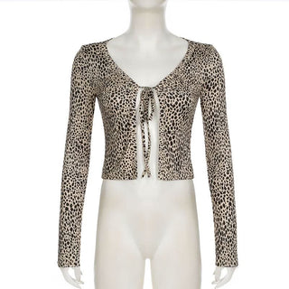 Leopard print long sleeve self tie crop top