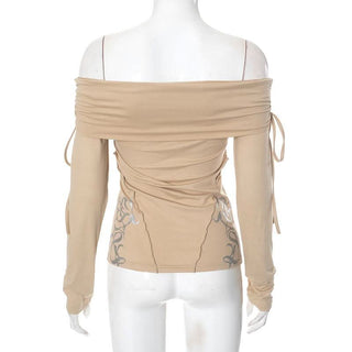 Long sleeve off shoulder ruched self tie stitch top