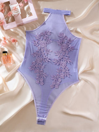 Halter embroidery sheer mesh see through bodysuit