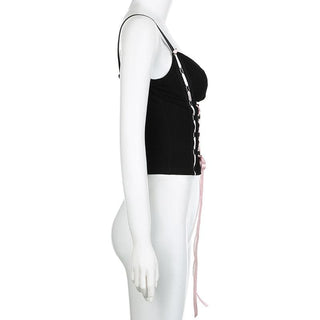 Lace up stitch ribbon sweetheart neck bustier cami top