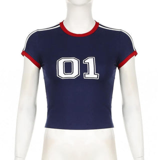 Short sleeve stitch numeral print top