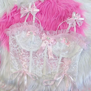 Sweetheart neck bustier bowknot "Hello Kitty" pattern cami top