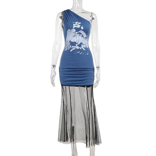 One shoulder mesh patchwork print ruched midi dress
