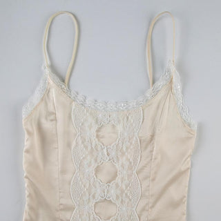 Lace patchwork satin ruffle cami bodysuit