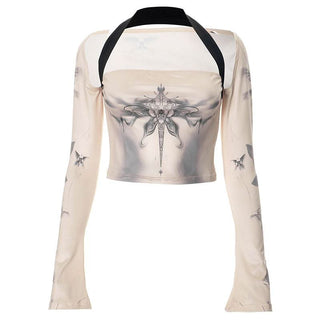 Halter long flared sleeve print hollow out crop cut out top