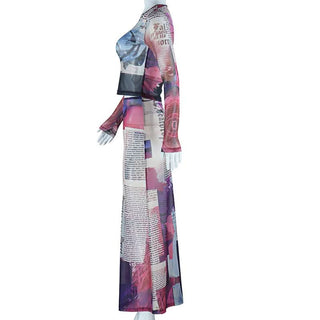 Long sleeve crewneck abstract mesh maxi skirt set